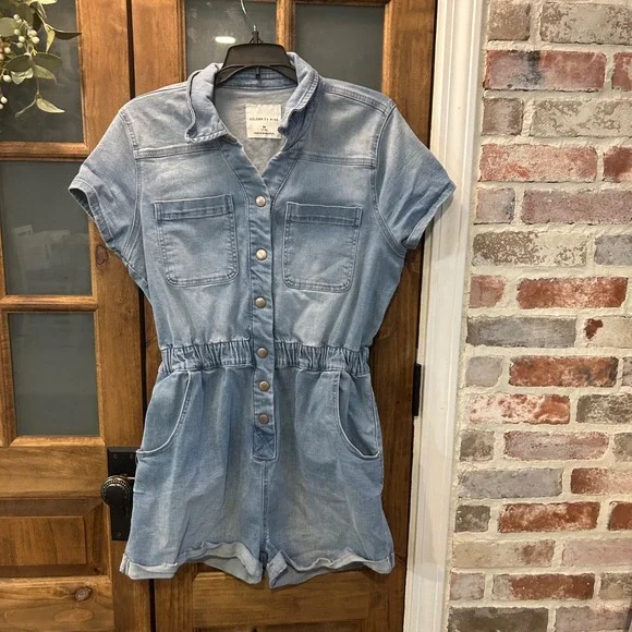 Celebrity Pink Denim Romper Juniors Womens M 7-9 Chambray Utility Jumpsuit - Picture 1 of 7